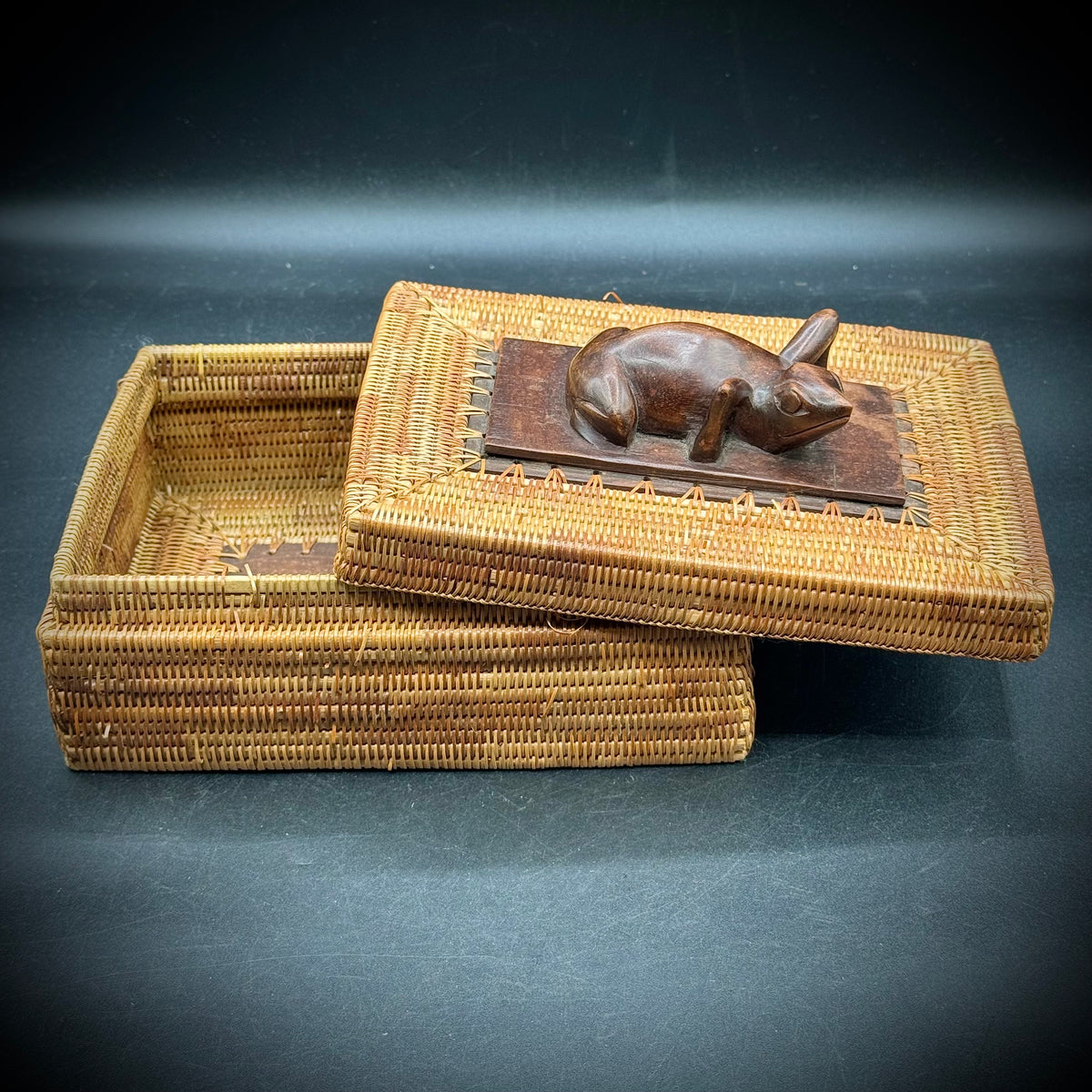 Vintage Rattan Woven Box with Hand Carved Wood Frog & Accents - Made in Indonesia