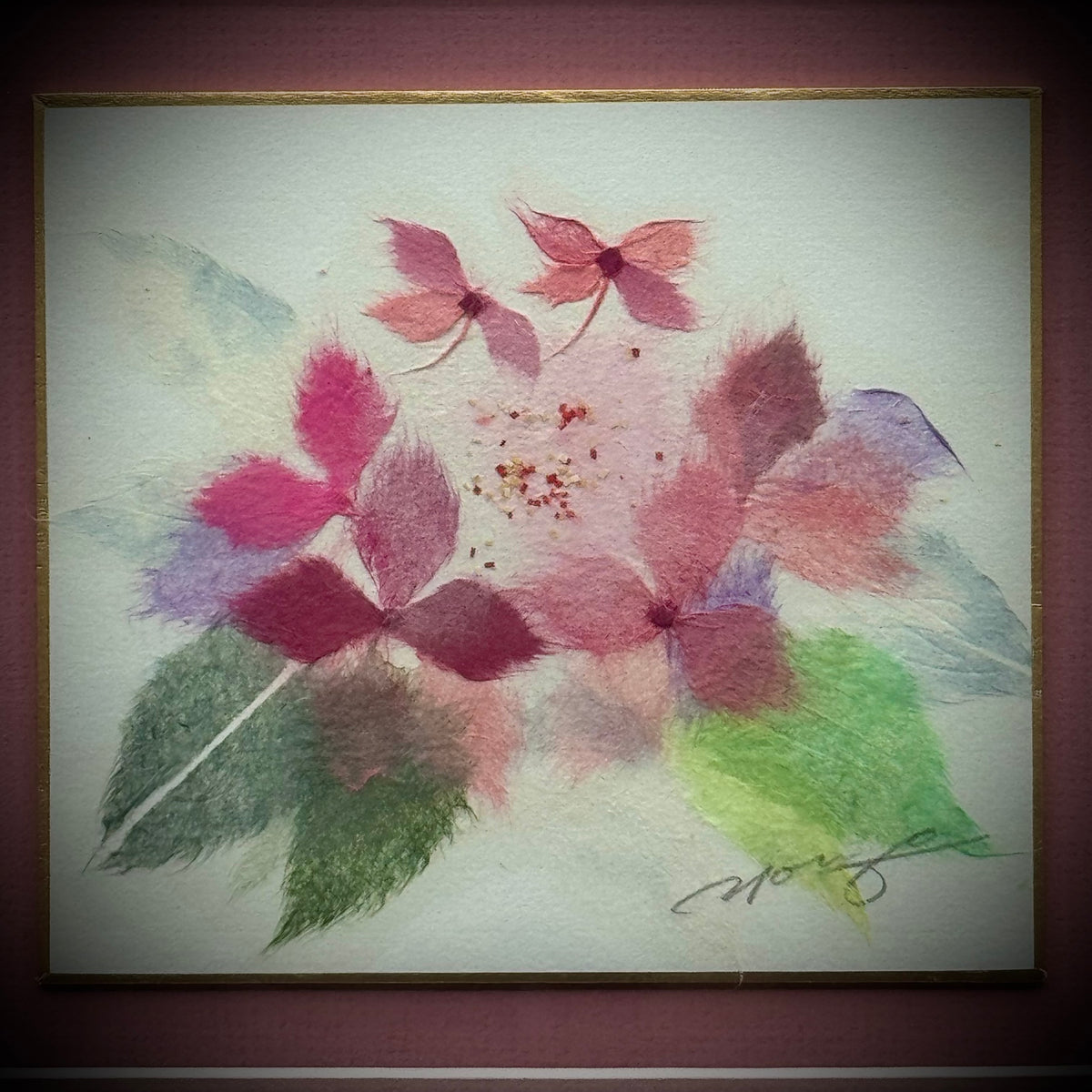 Vintage Framed K. Young Chigiri-e Signed Flower Art