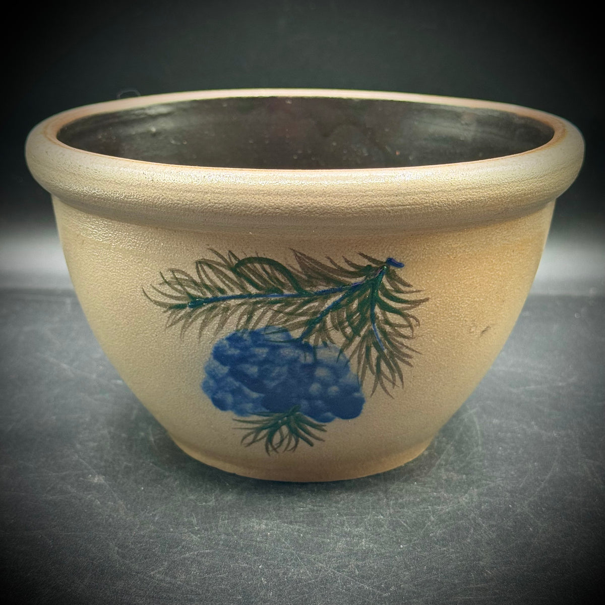 Vintage 2001 Rowe Pottery Works Salt Glaze Blue Pine Cone Motif Bowl