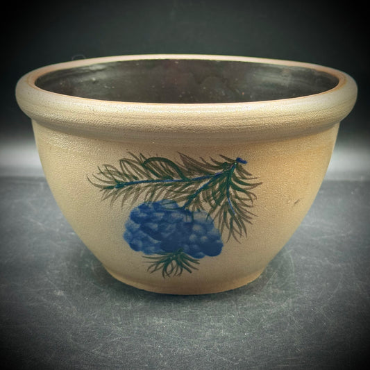 Vintage 2001 Rowe Pottery Works Salt Glaze Blue Pine Cone Motif Bowl