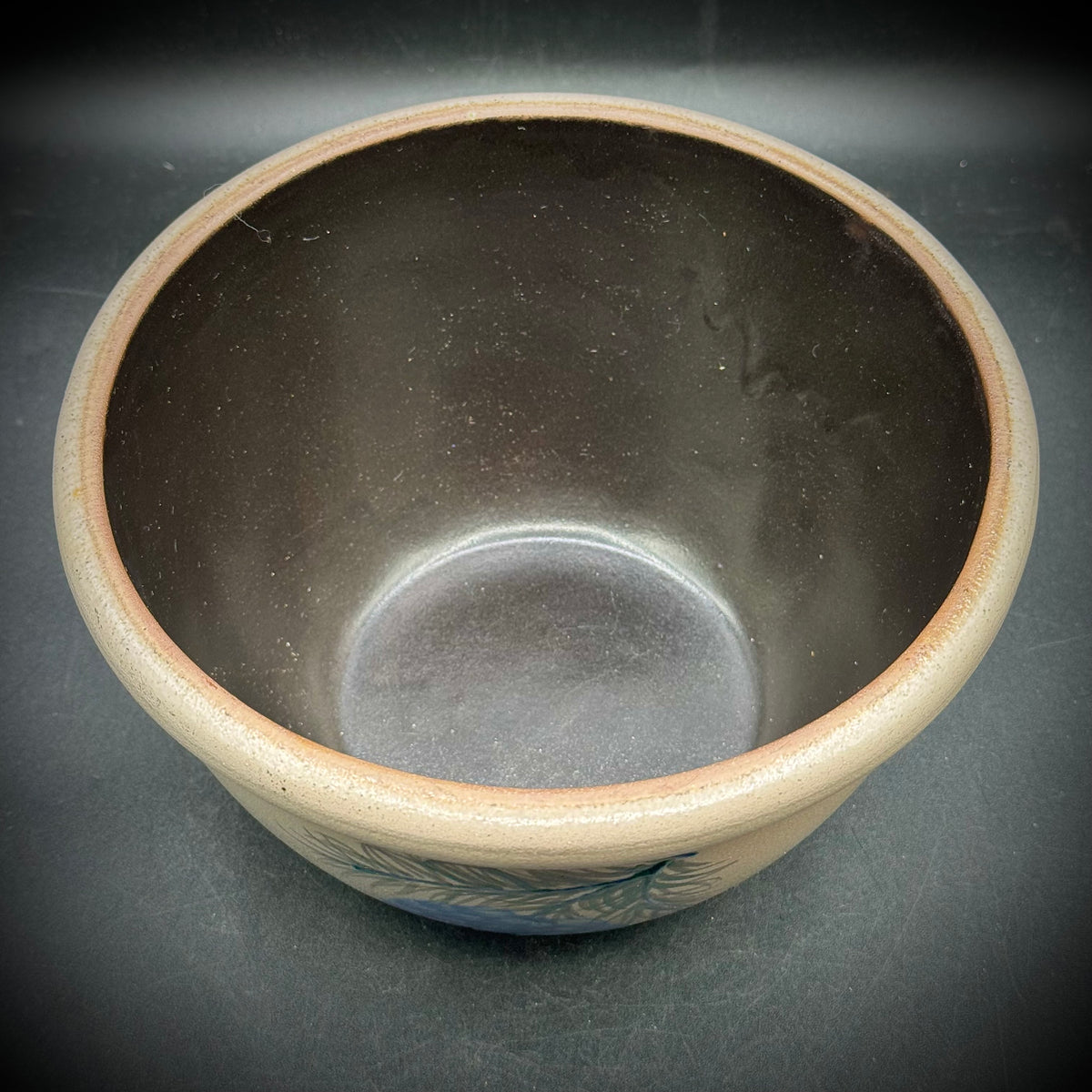 Vintage 2001 Rowe Pottery Works Salt Glaze Blue Pine Cone Motif Bowl