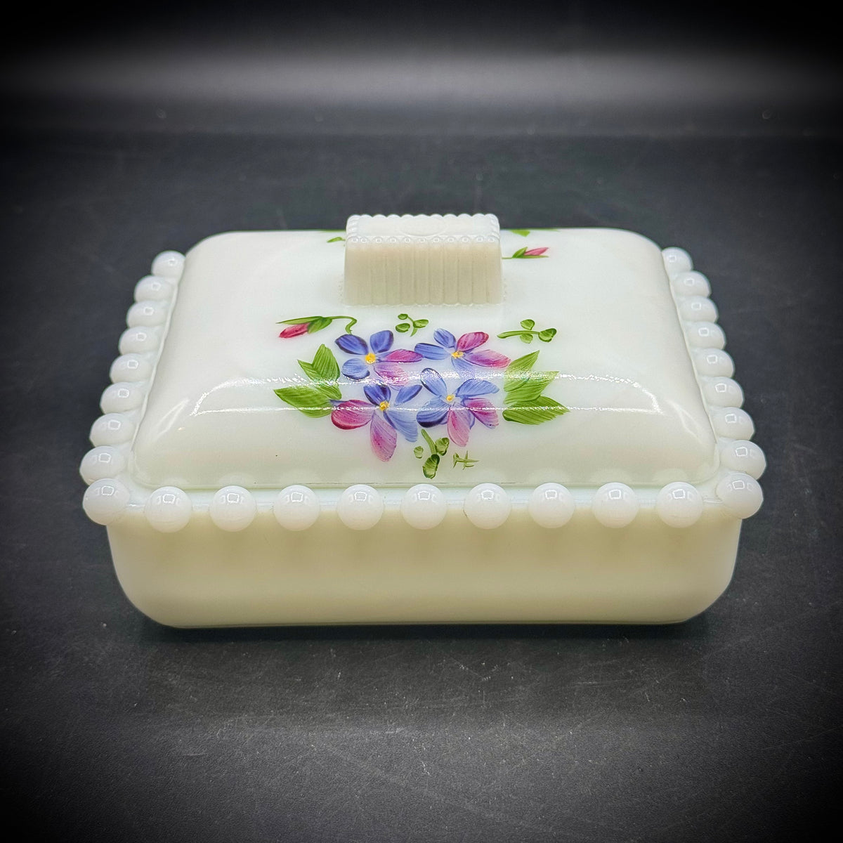 Vintage Westmoreland Lidded Milk Glass Hobnail with Hand Painted Flowers