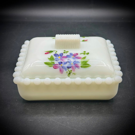 Vintage Westmoreland Lidded Milk Glass Hobnail with Hand Painted Flowers