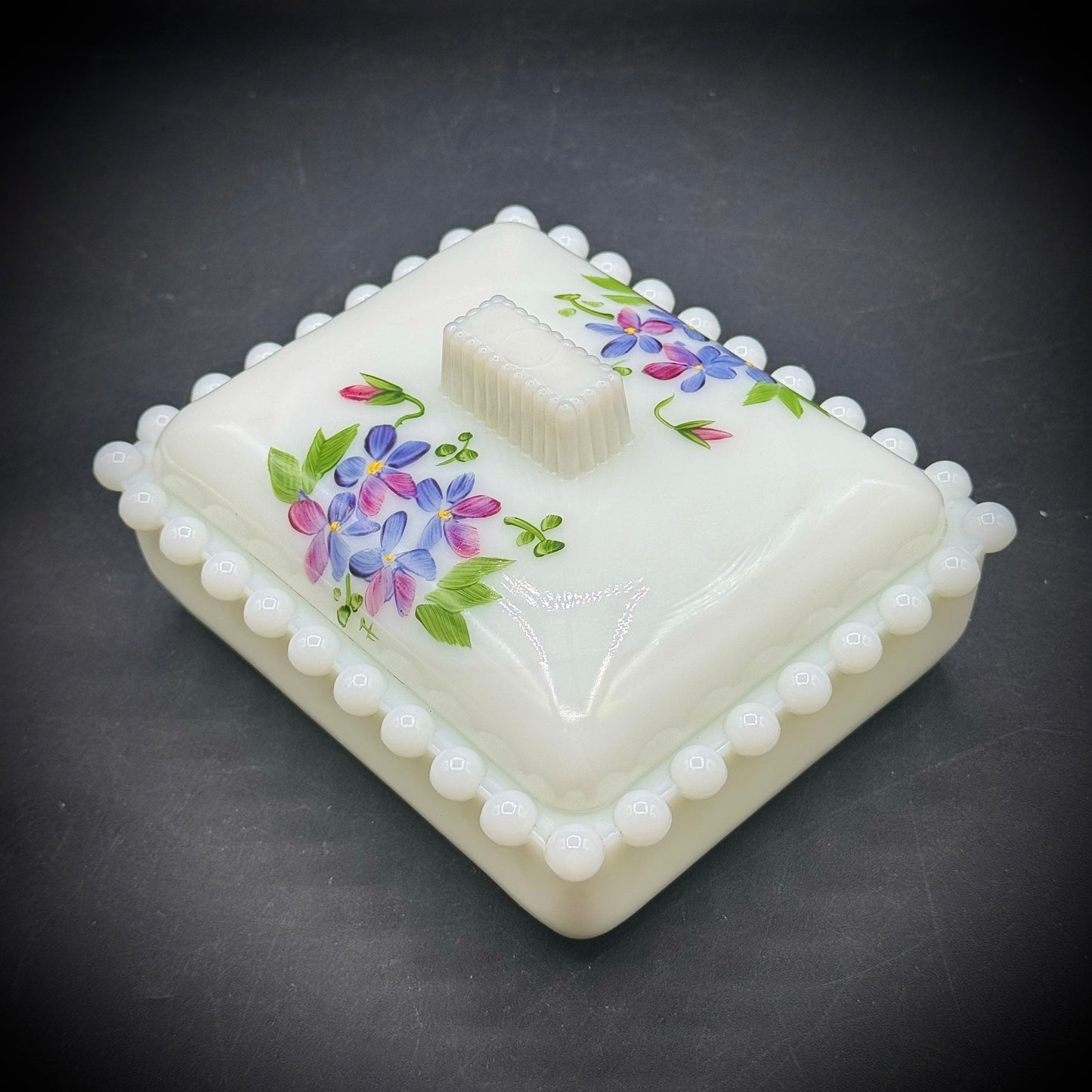 Vintage Westmoreland Lidded Milk Glass Hobnail with Hand Painted Flowers