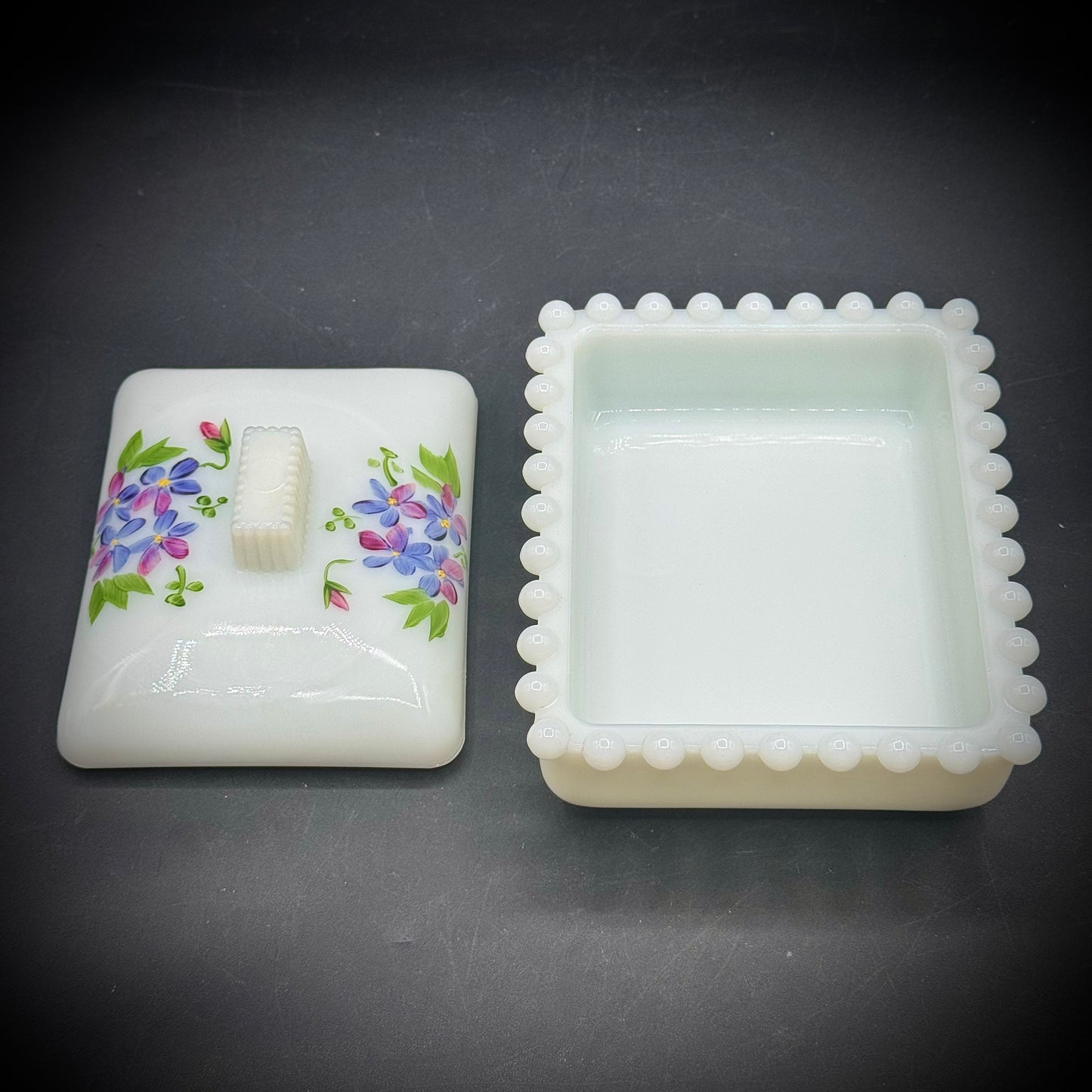 Vintage Westmoreland Lidded Milk Glass Hobnail with Hand Painted Flowers