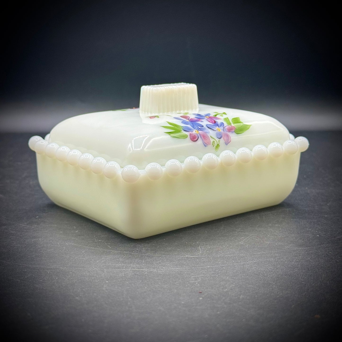 Vintage Westmoreland Lidded Milk Glass Hobnail with Hand Painted Flowers