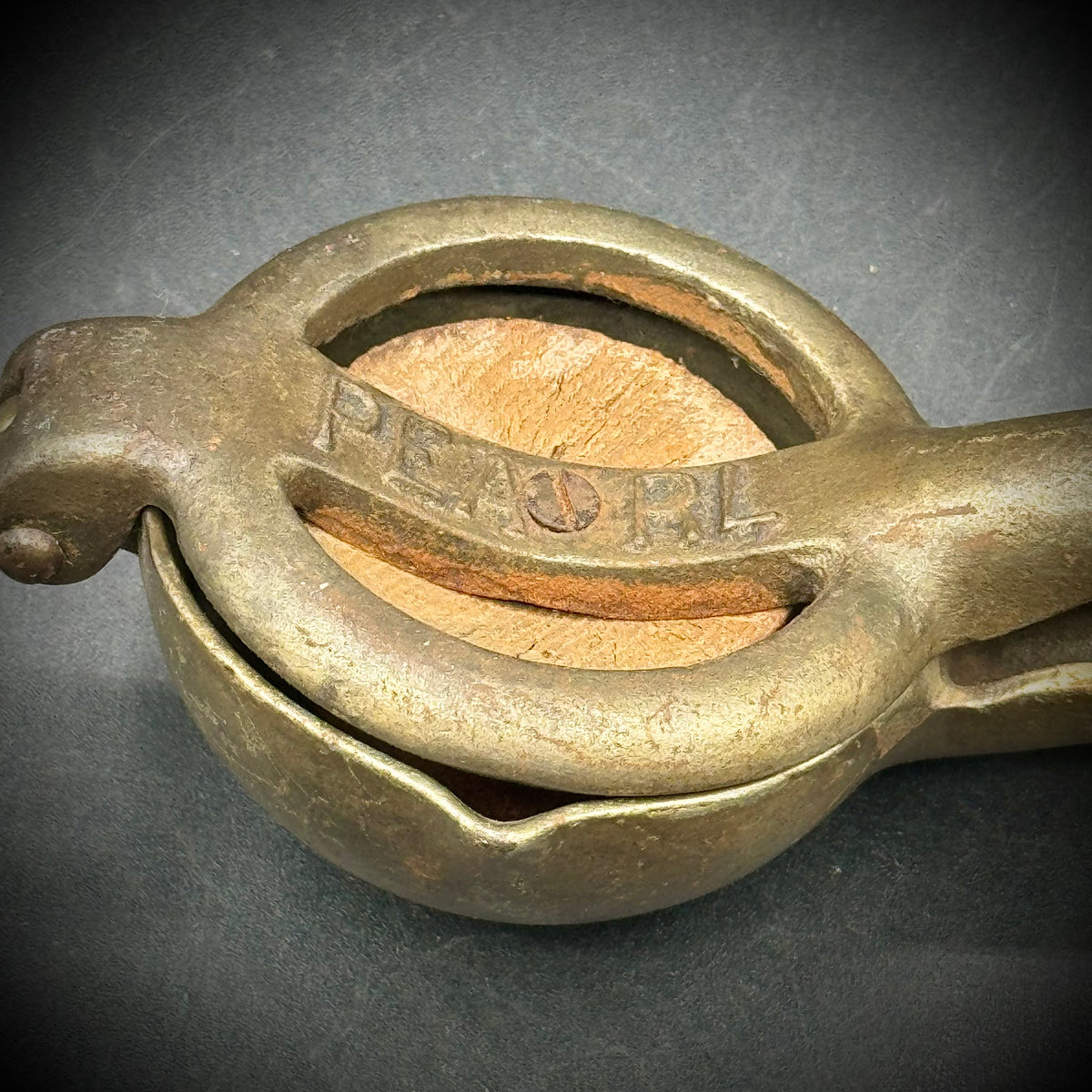 Antique Cast Iron and Wood Pearl Citrus Squeezer