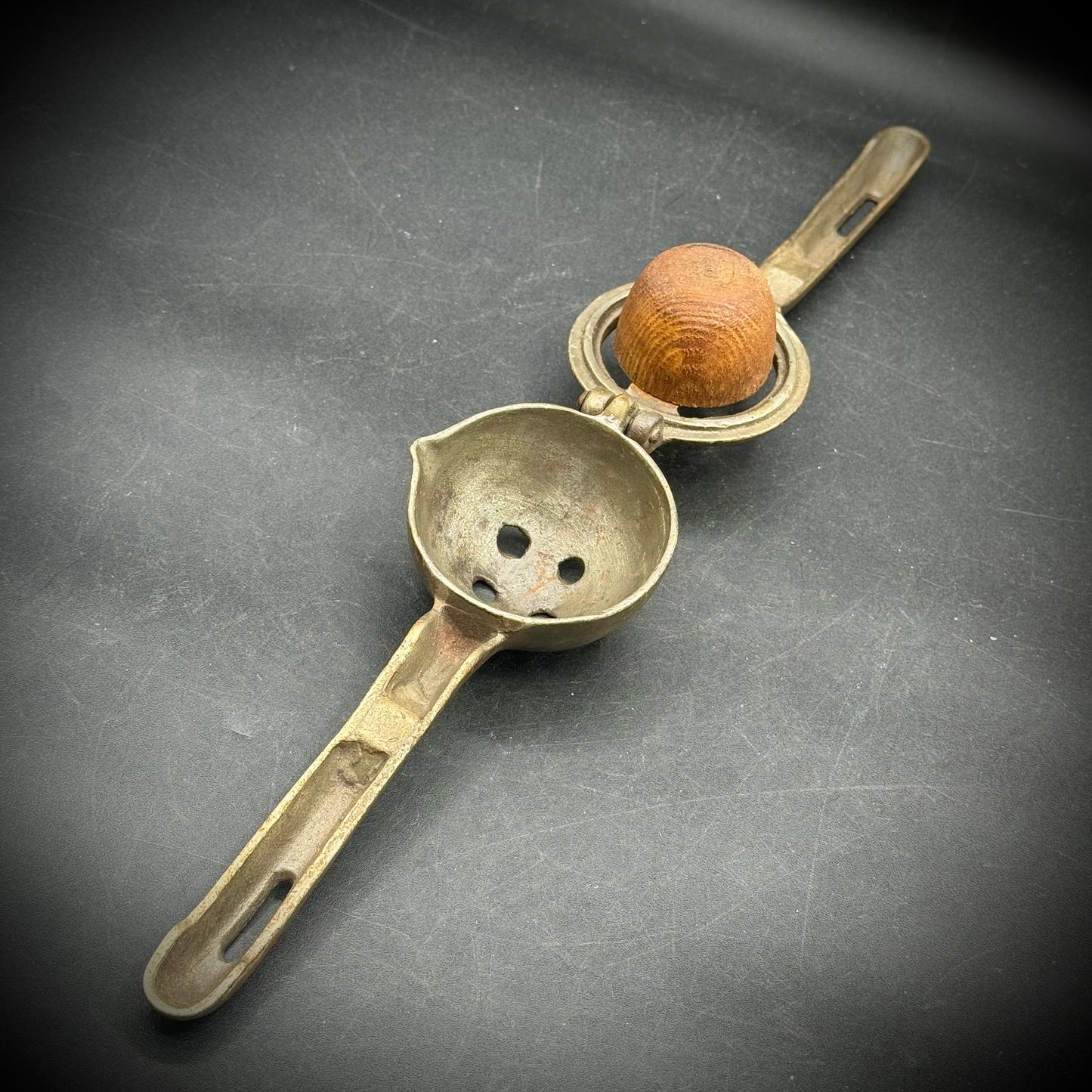 Antique Cast Iron and Wood Pearl Citrus Squeezer