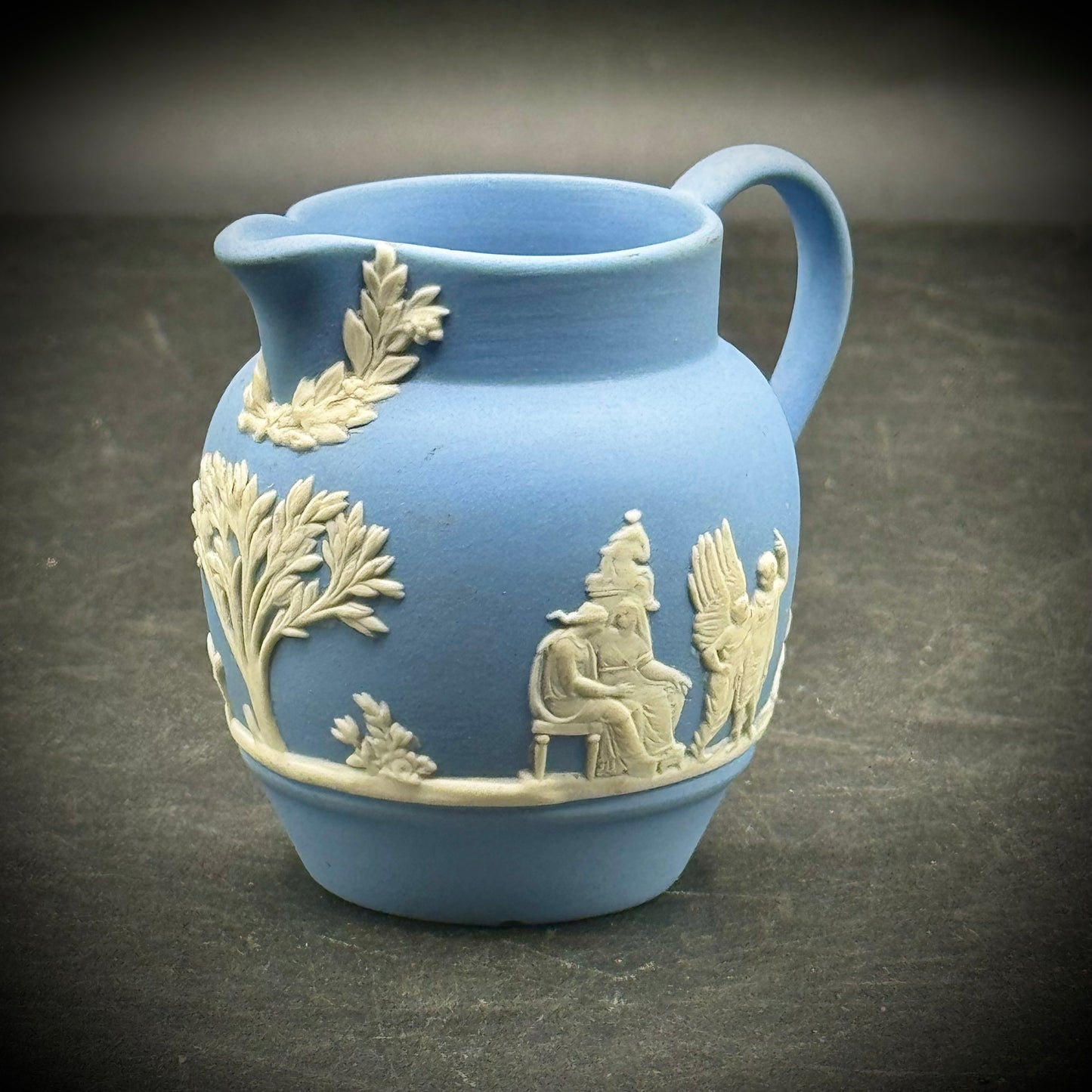Vintage 1955 Wedgwood Blue Jasperware Pitcher with Roman Motif