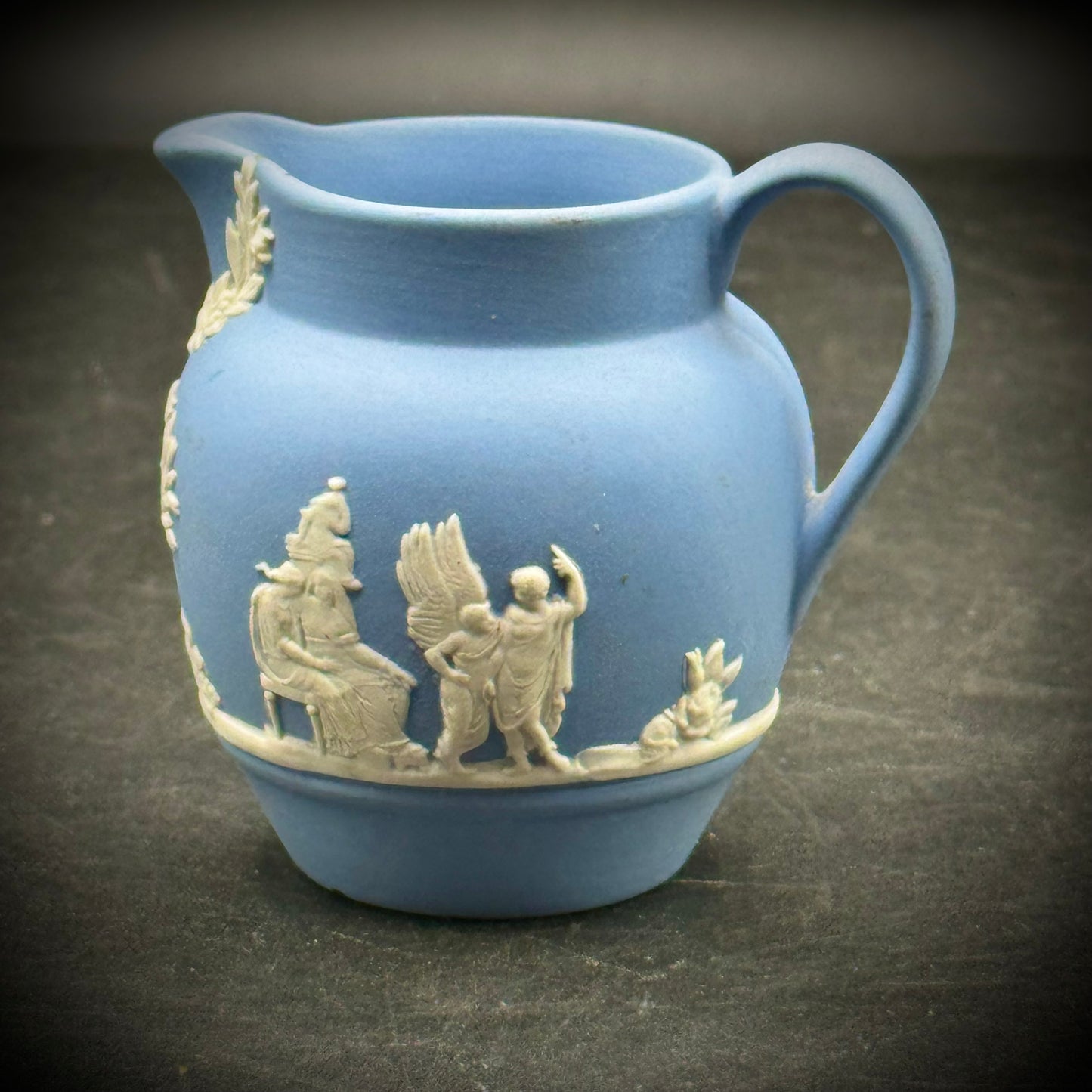 Vintage 1955 Wedgwood Blue Jasperware Pitcher with Roman Motif