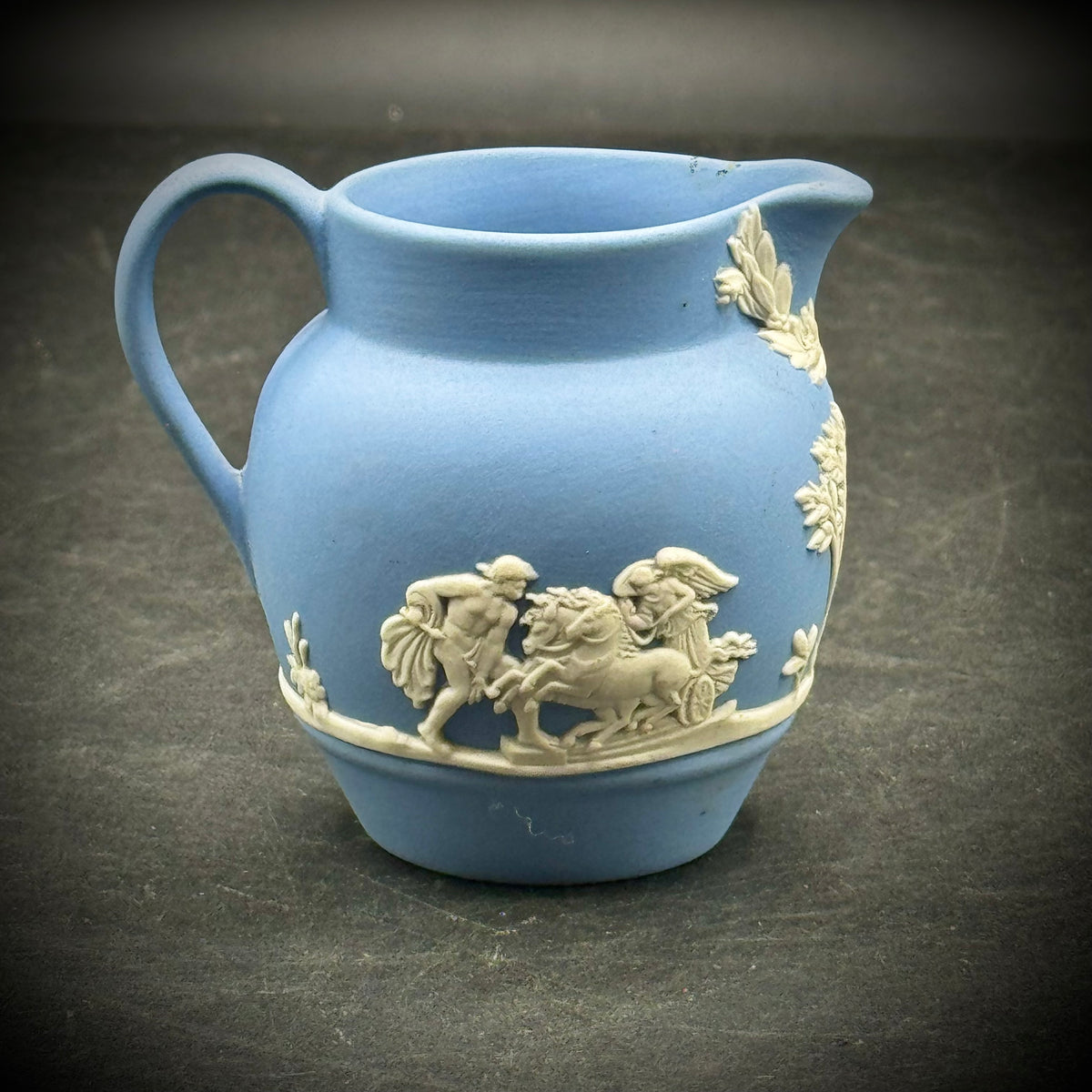 Vintage 1955 Wedgwood Blue Jasperware Pitcher with Roman Motif