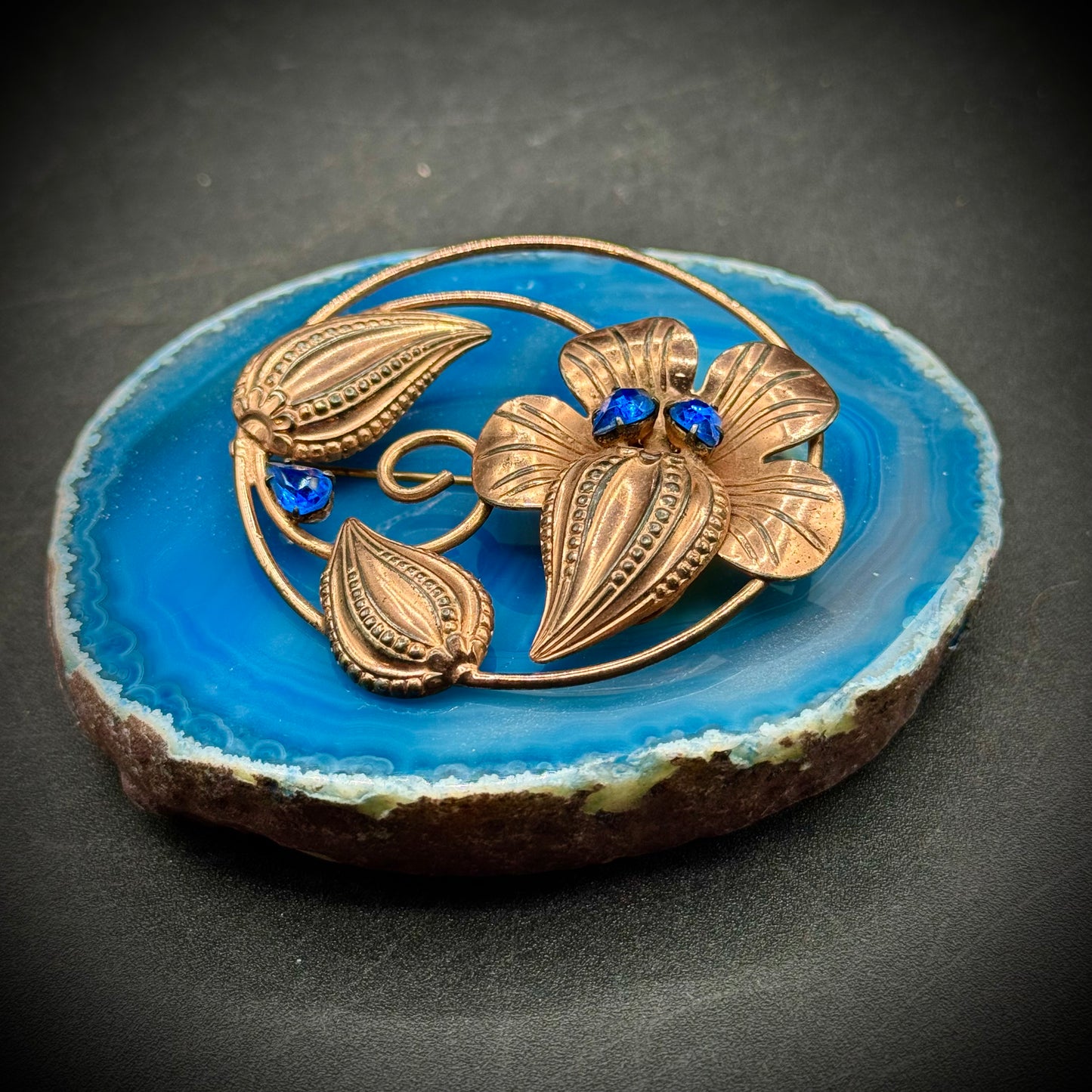 Vintage Sterling Silver Gold Wash Flower Brooch w/Blue Rhinestones