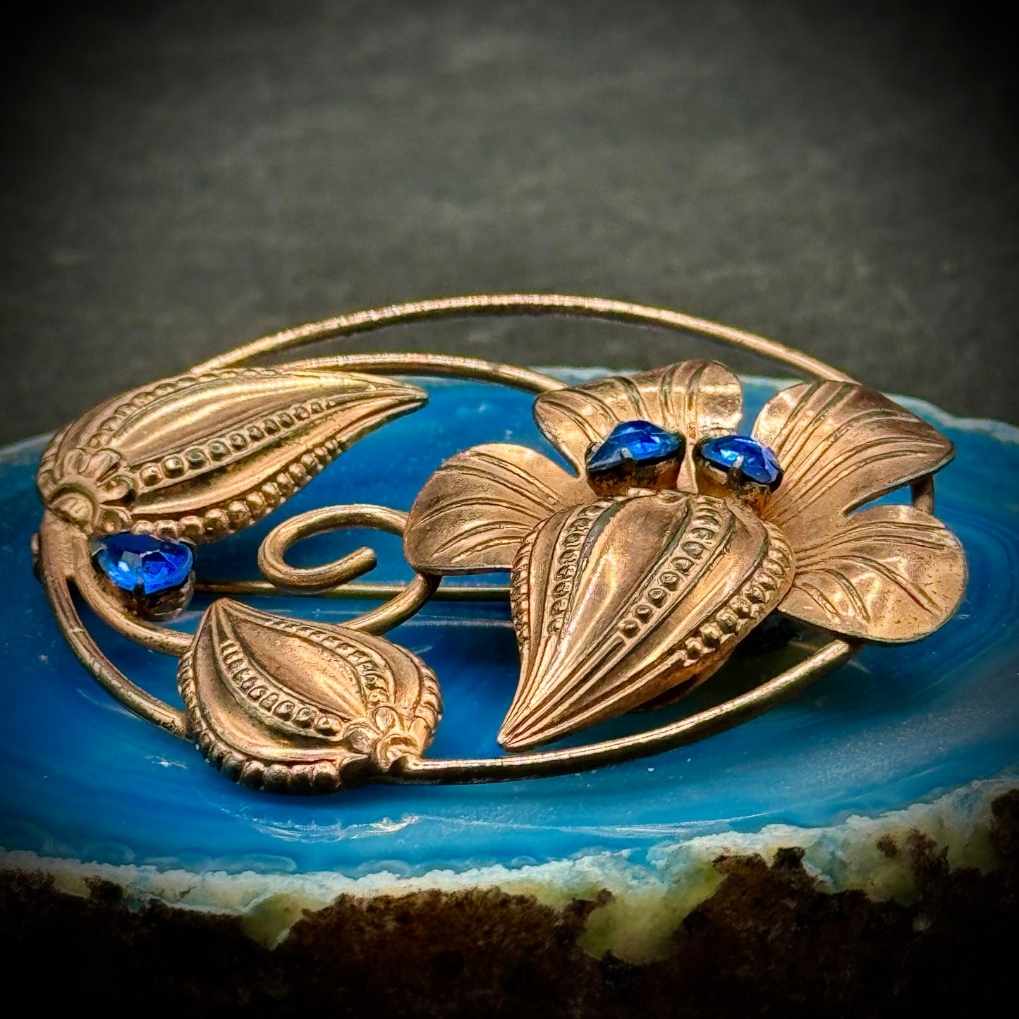 Vintage Sterling Silver Gold Wash Flower Brooch w/Blue Rhinestones