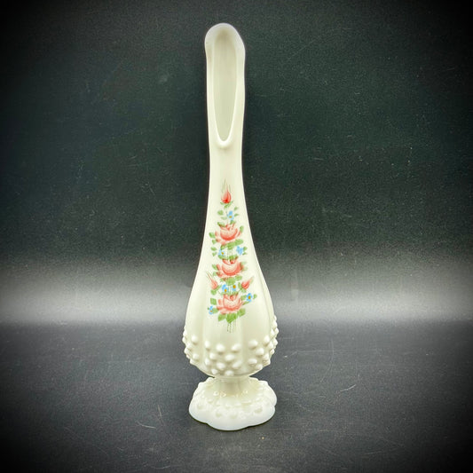 Vintage Fenton Swung Hobnail Milk Glass Hand Painted Vase with Signature