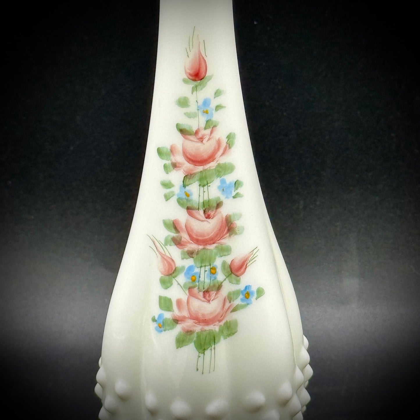 Vintage Fenton Swung Hobnail Milk Glass Hand Painted Vase with Signature