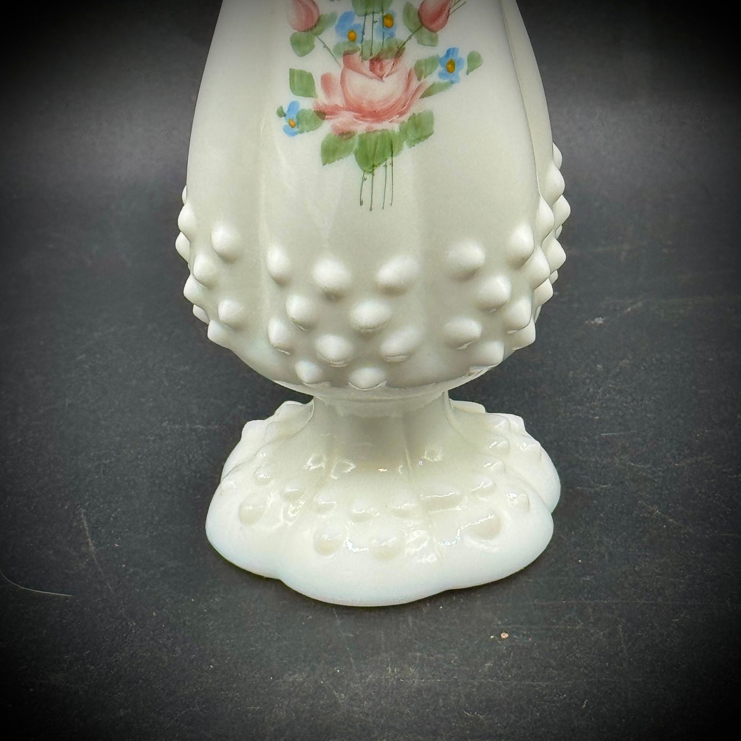 Vintage Fenton Swung Hobnail Milk Glass Hand Painted Vase with Signature