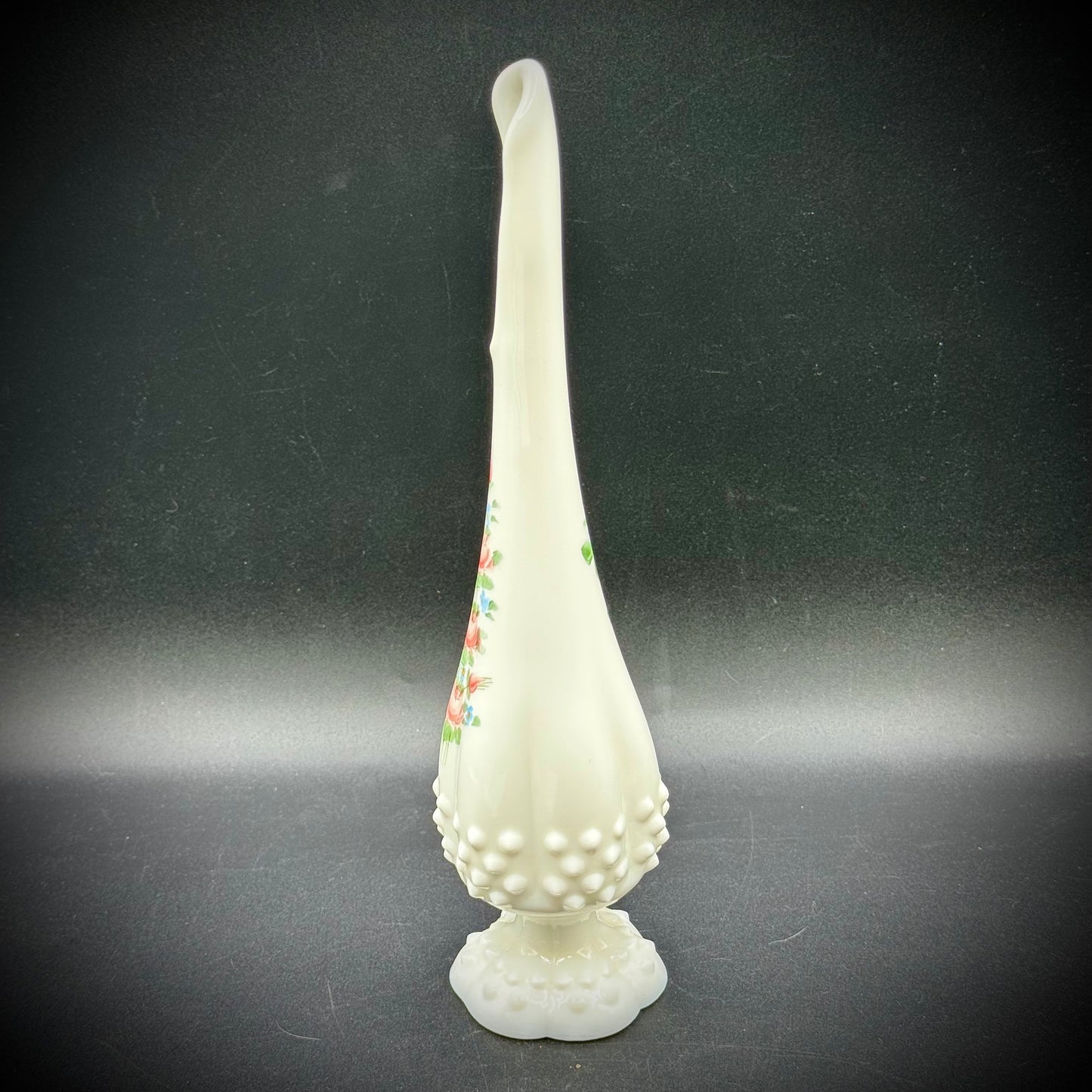 Vintage Fenton Swung Hobnail Milk Glass Hand Painted Vase with Signature