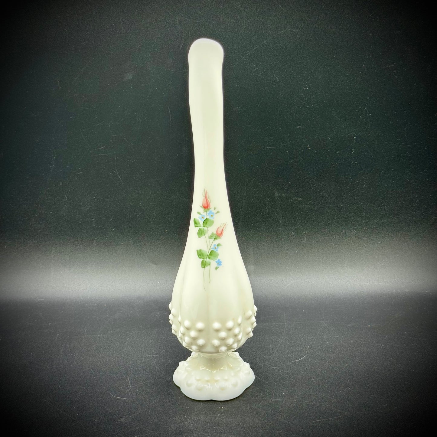 Vintage Fenton Swung Hobnail Milk Glass Hand Painted Vase with Signature