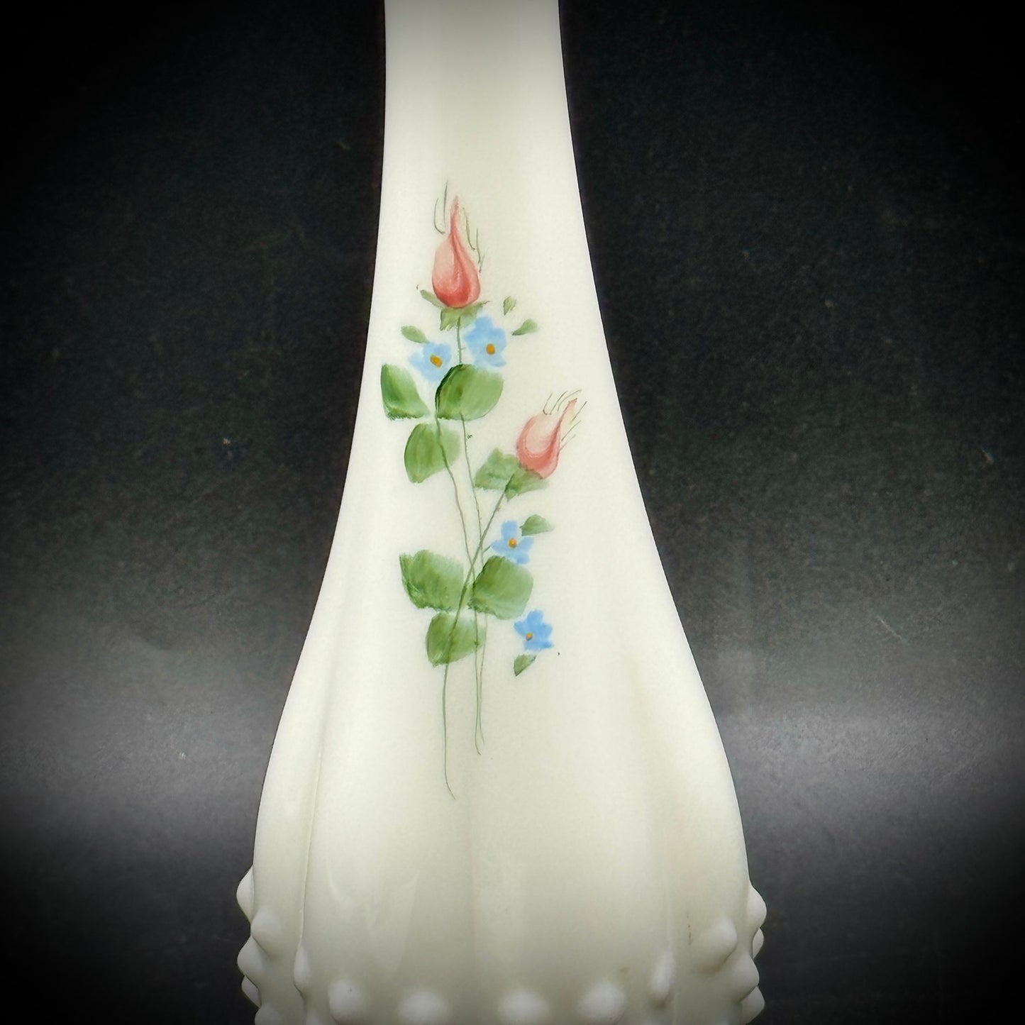 Vintage Fenton Swung Hobnail Milk Glass Hand Painted Vase with Signature