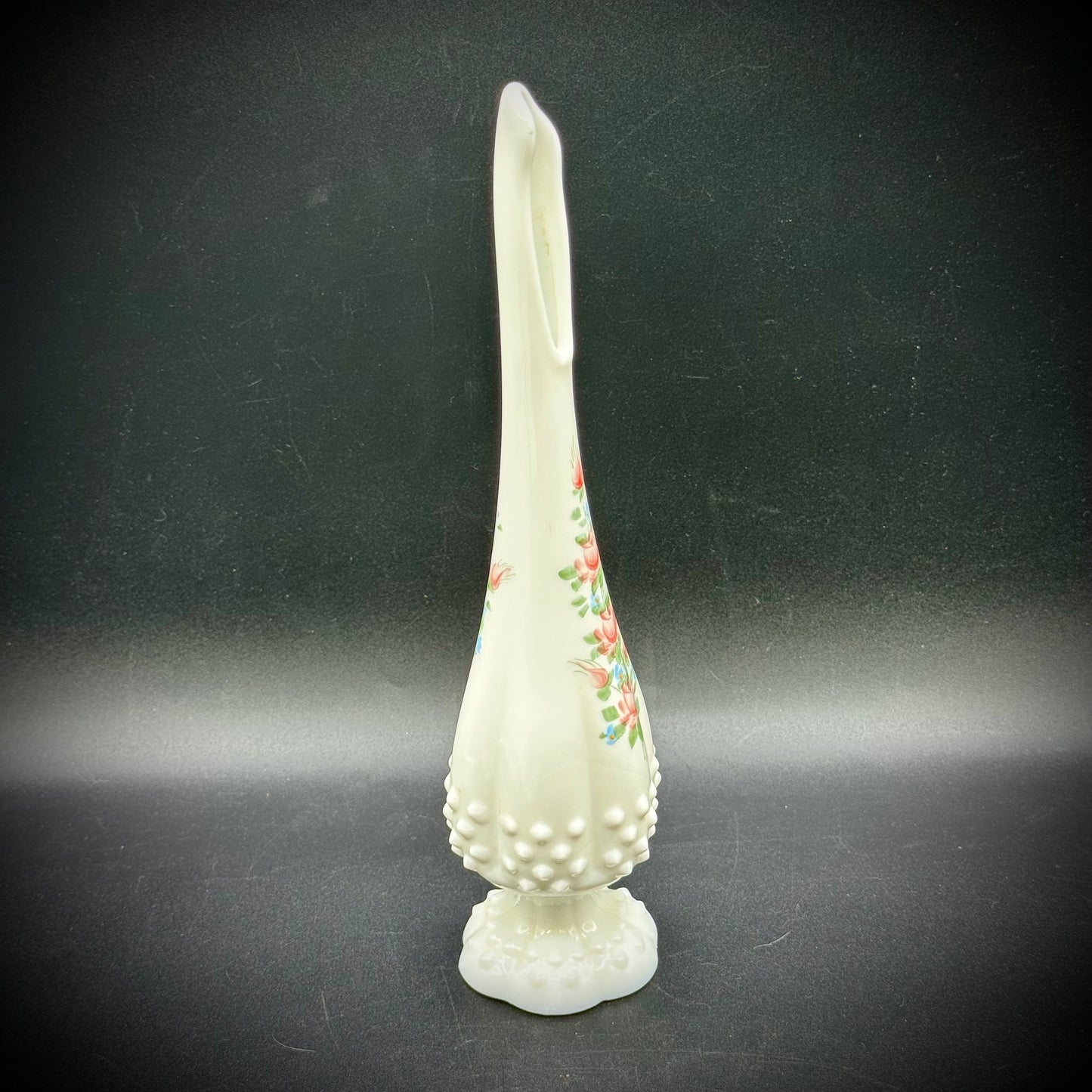 Vintage Fenton Swung Hobnail Milk Glass Hand Painted Vase with Signature