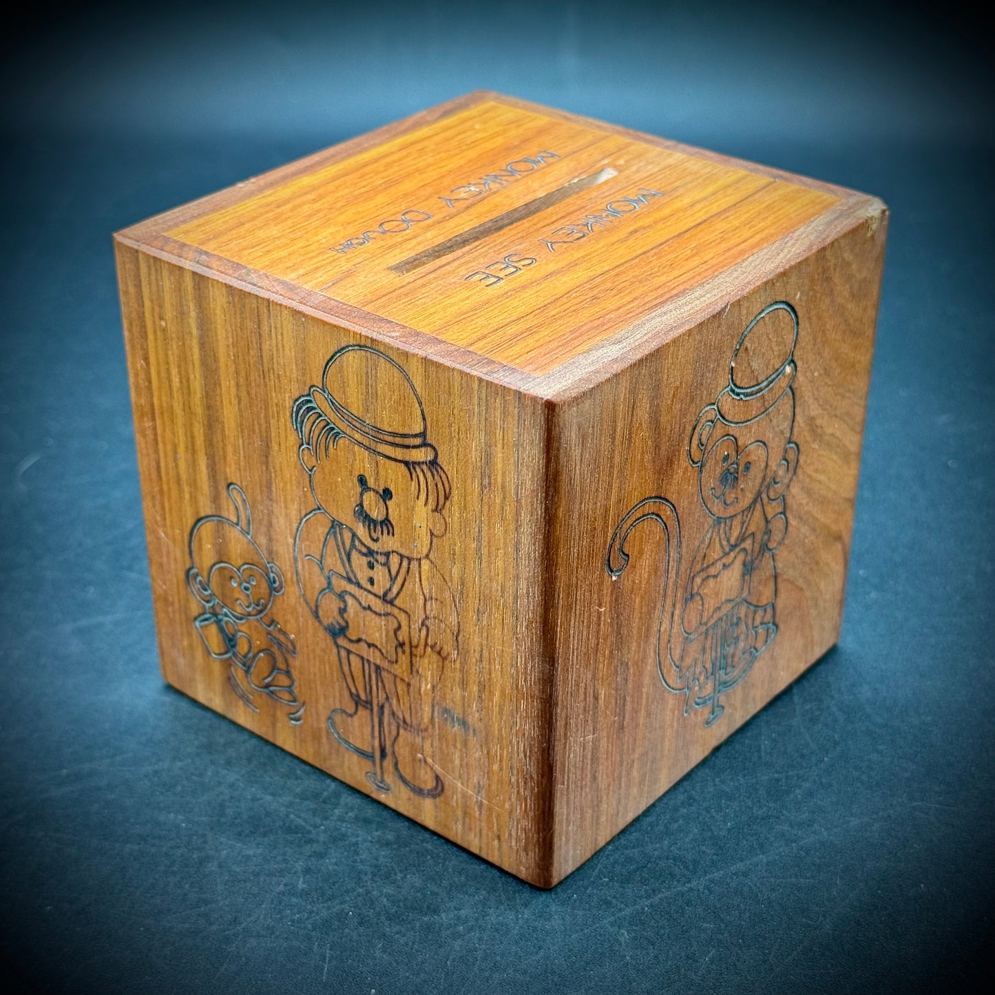 Vintage 1970s Wood Monkey Bank