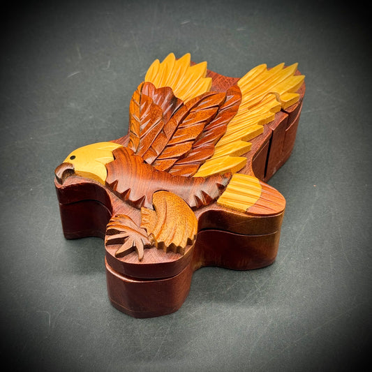 Carved Wood American Bald Eagle Puzzle Box