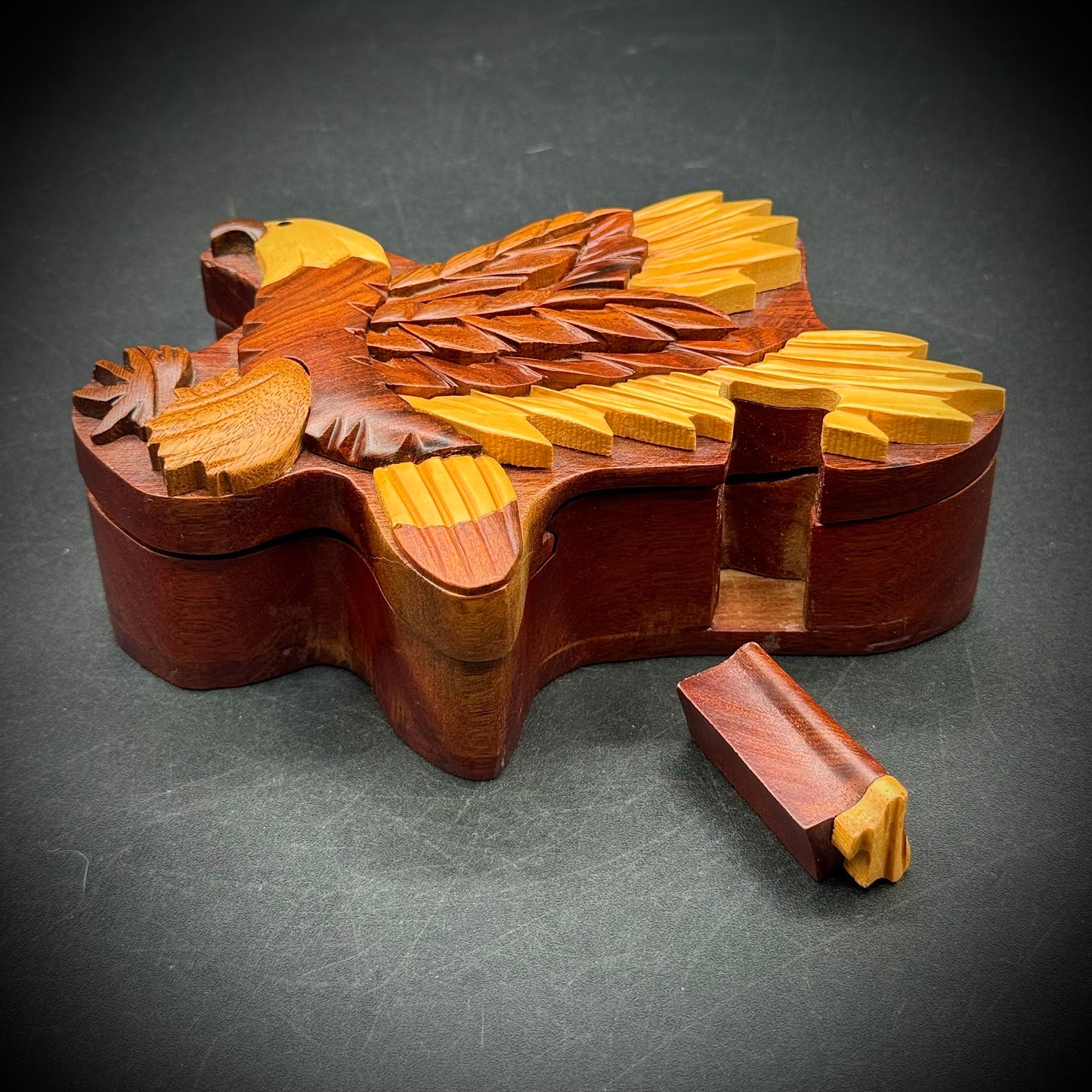 Carved Wood American Bald Eagle Puzzle Box