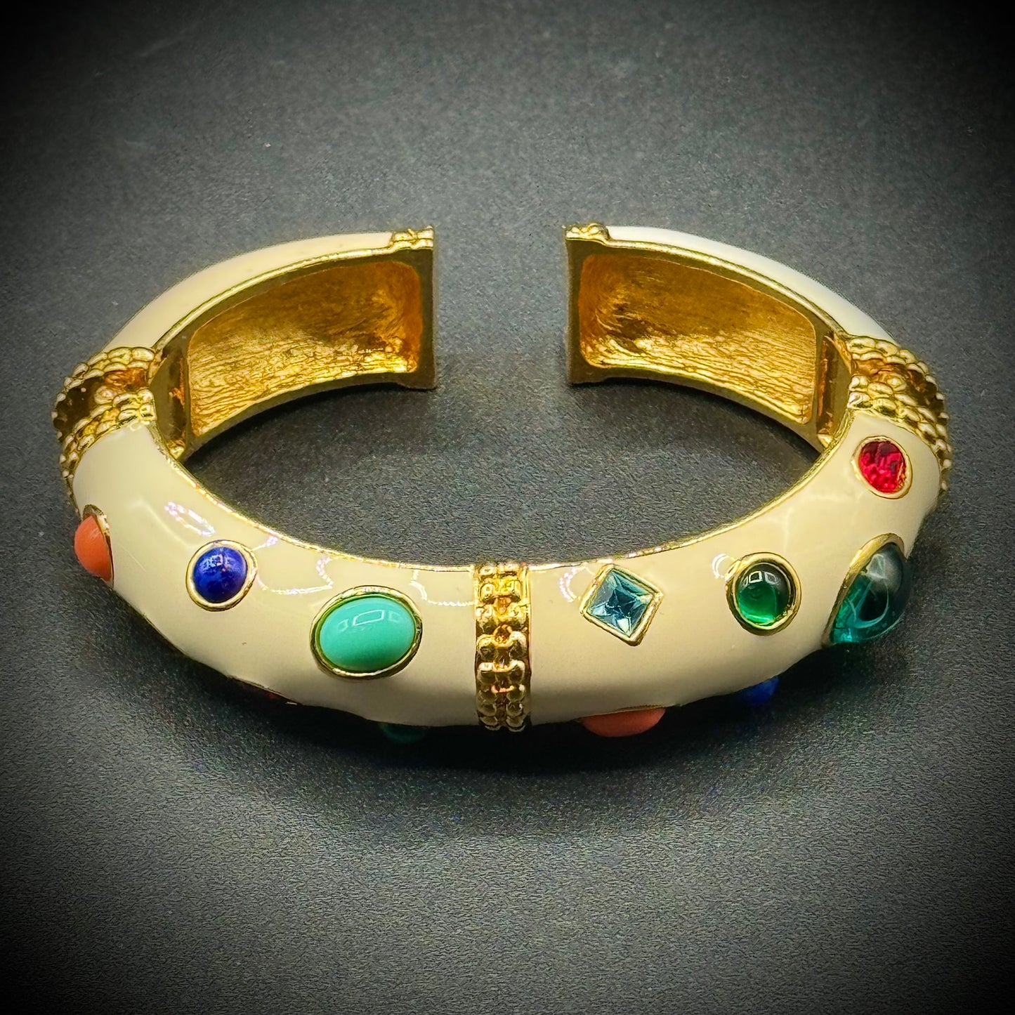 Vintage Kenneth J Lane KJL Mughal Gem Cabochon & Cream Enamel Bangle Bracelet
