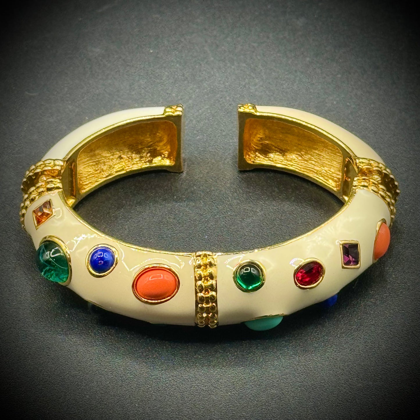 Vintage Kenneth J Lane KJL Mughal Gem Cabochon & Cream Enamel Bangle Bracelet