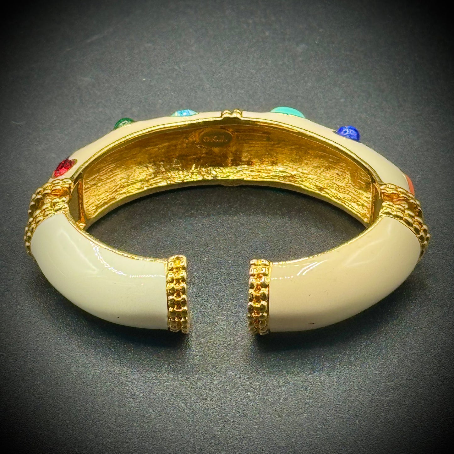 Vintage Kenneth J Lane KJL Mughal Gem Cabochon & Cream Enamel Bangle Bracelet