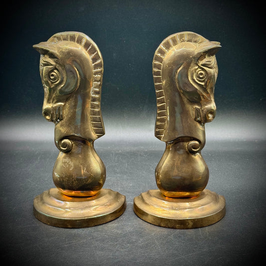 Vintage MCM Solid Brass Horse Motif Bookends