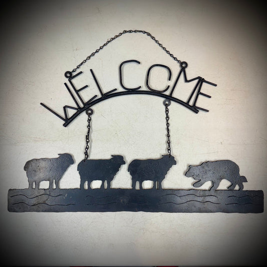Custom Made Hanging Cast Iron Welcome Sign with Sheep & Dog