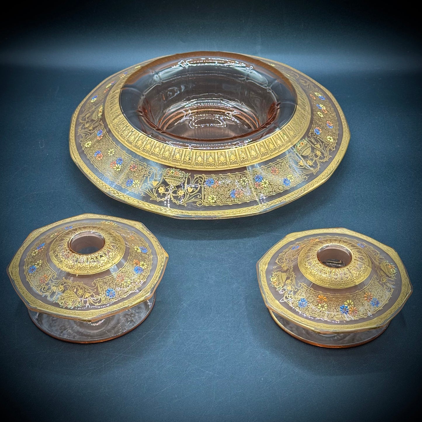 Vintage 3 Piece 24kt Gold Etched Depression Glass Tiffin Presentation Bowl & Candlestick Set