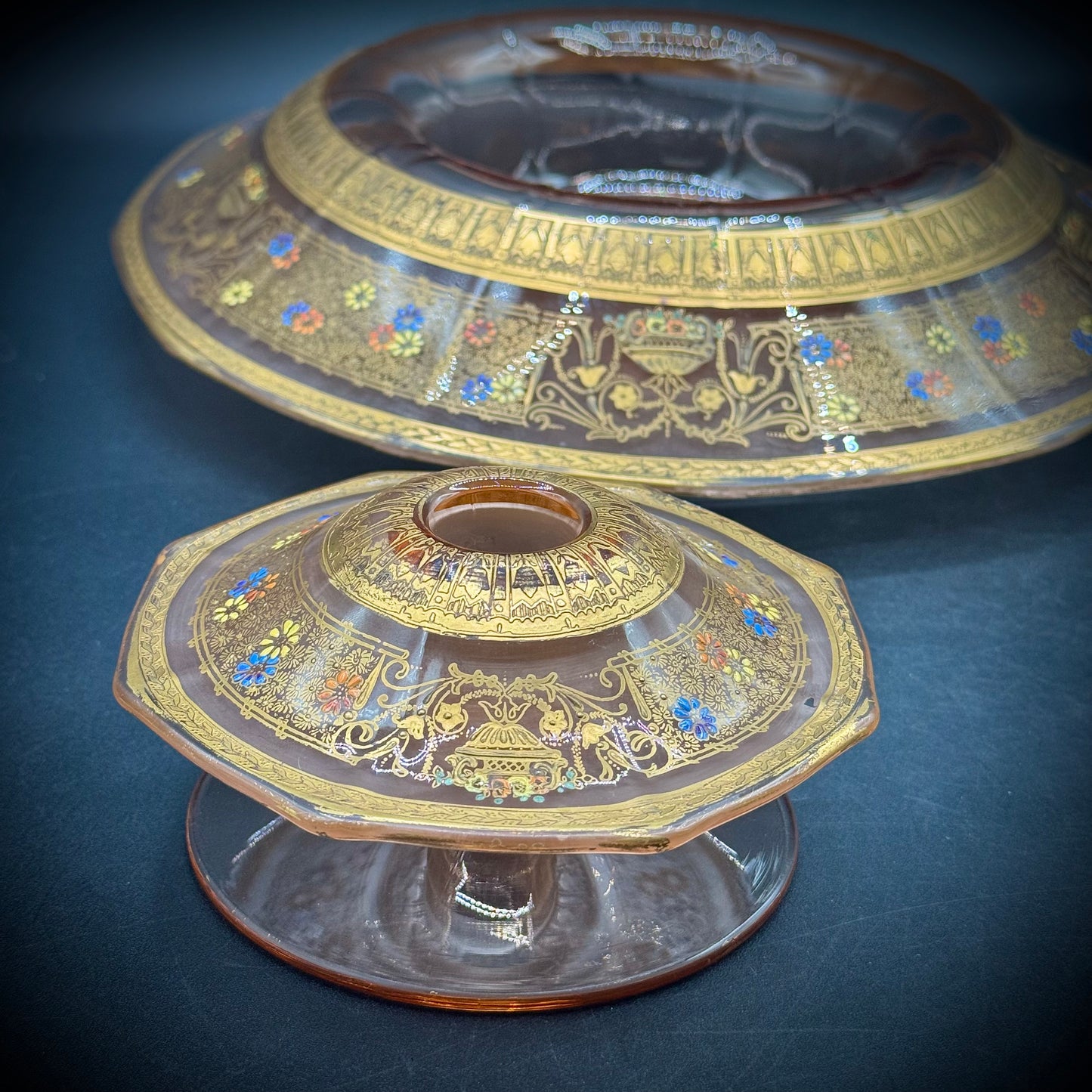 Vintage 3 Piece 24kt Gold Etched Depression Glass Tiffin Presentation Bowl & Candlestick Set