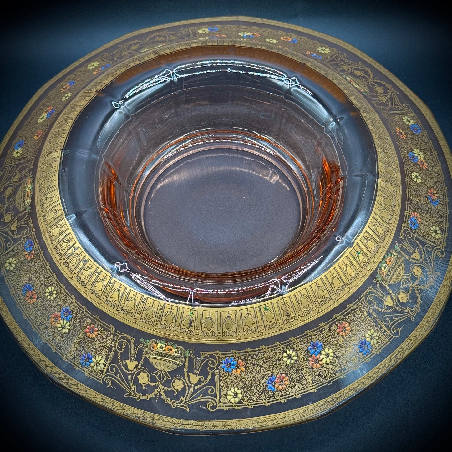 Vintage 3 Piece 24kt Gold Etched Depression Glass Tiffin Presentation Bowl & Candlestick Set