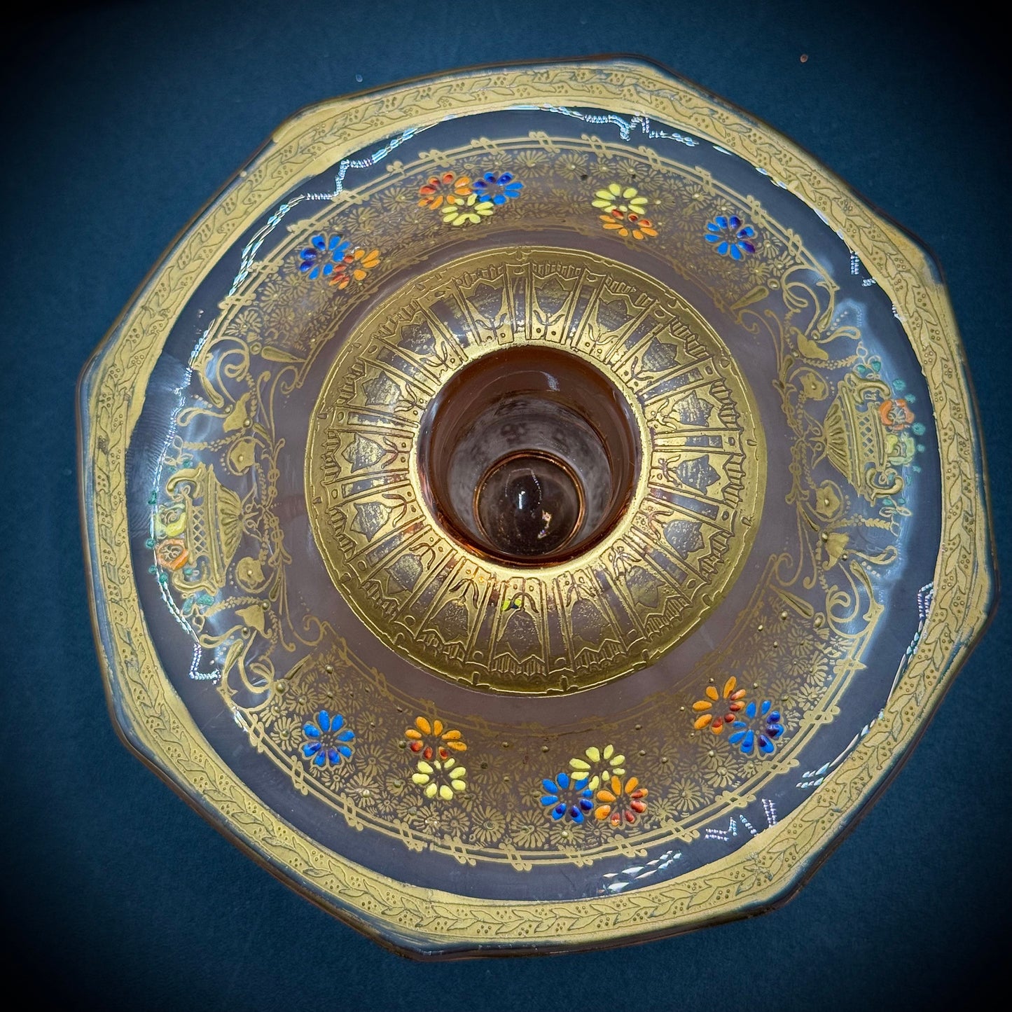 Vintage 3 Piece 24kt Gold Etched Depression Glass Tiffin Presentation Bowl & Candlestick Set