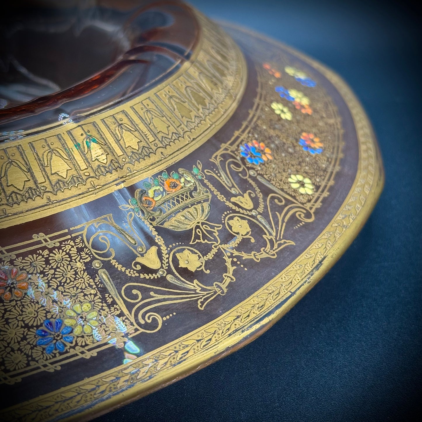 Vintage 3 Piece 24kt Gold Etched Depression Glass Tiffin Presentation Bowl & Candlestick Set