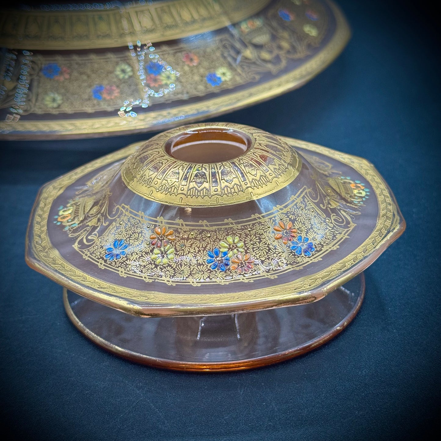 Vintage 3 Piece 24kt Gold Etched Depression Glass Tiffin Presentation Bowl & Candlestick Set