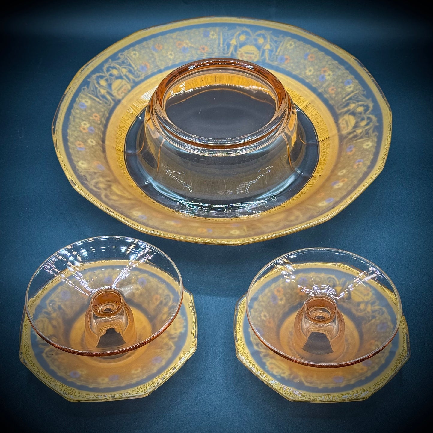 Vintage 3 Piece 24kt Gold Etched Depression Glass Tiffin Presentation Bowl & Candlestick Set