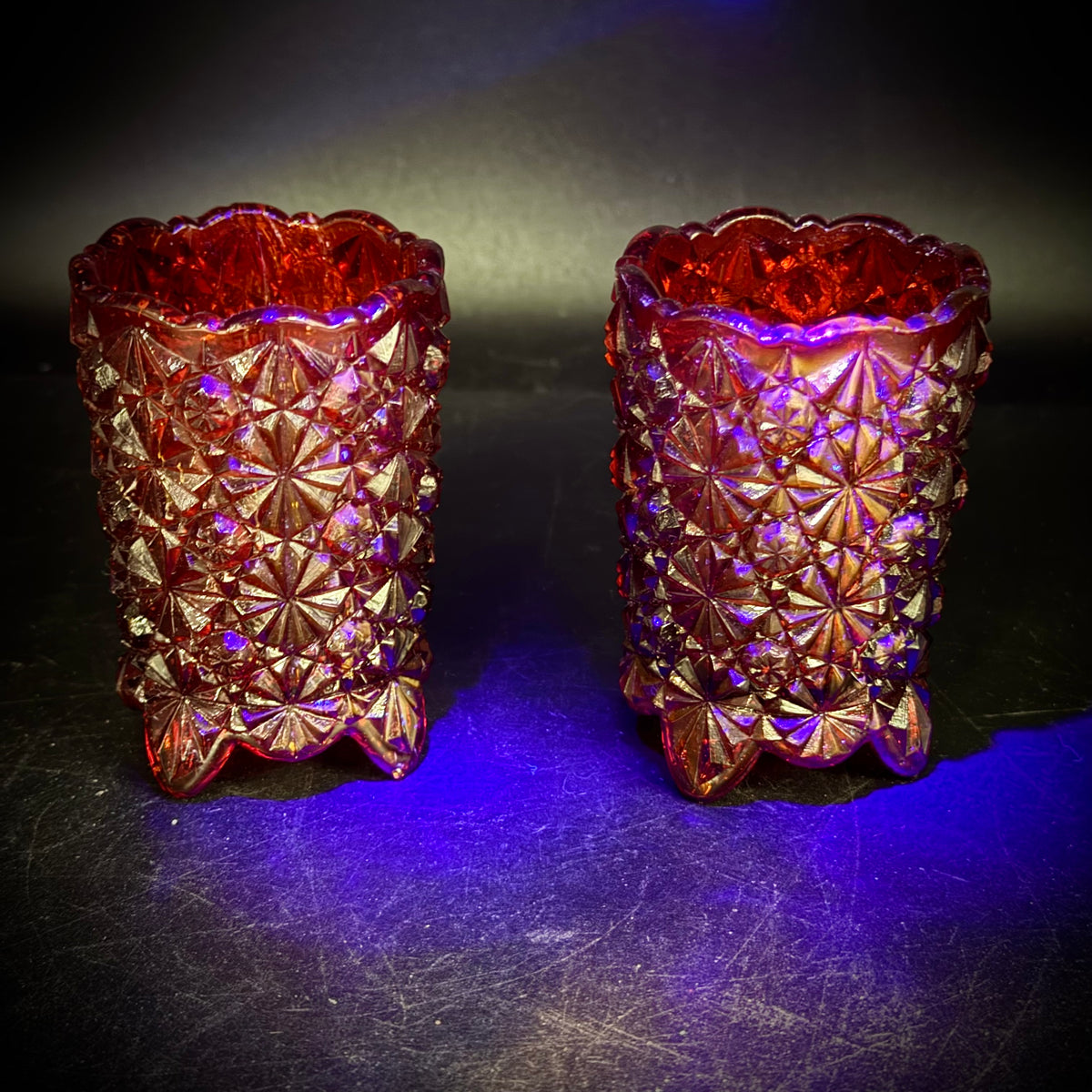 Pair of Vintage L.E. Smith Amberina Daisy & Button Toothpick Holders