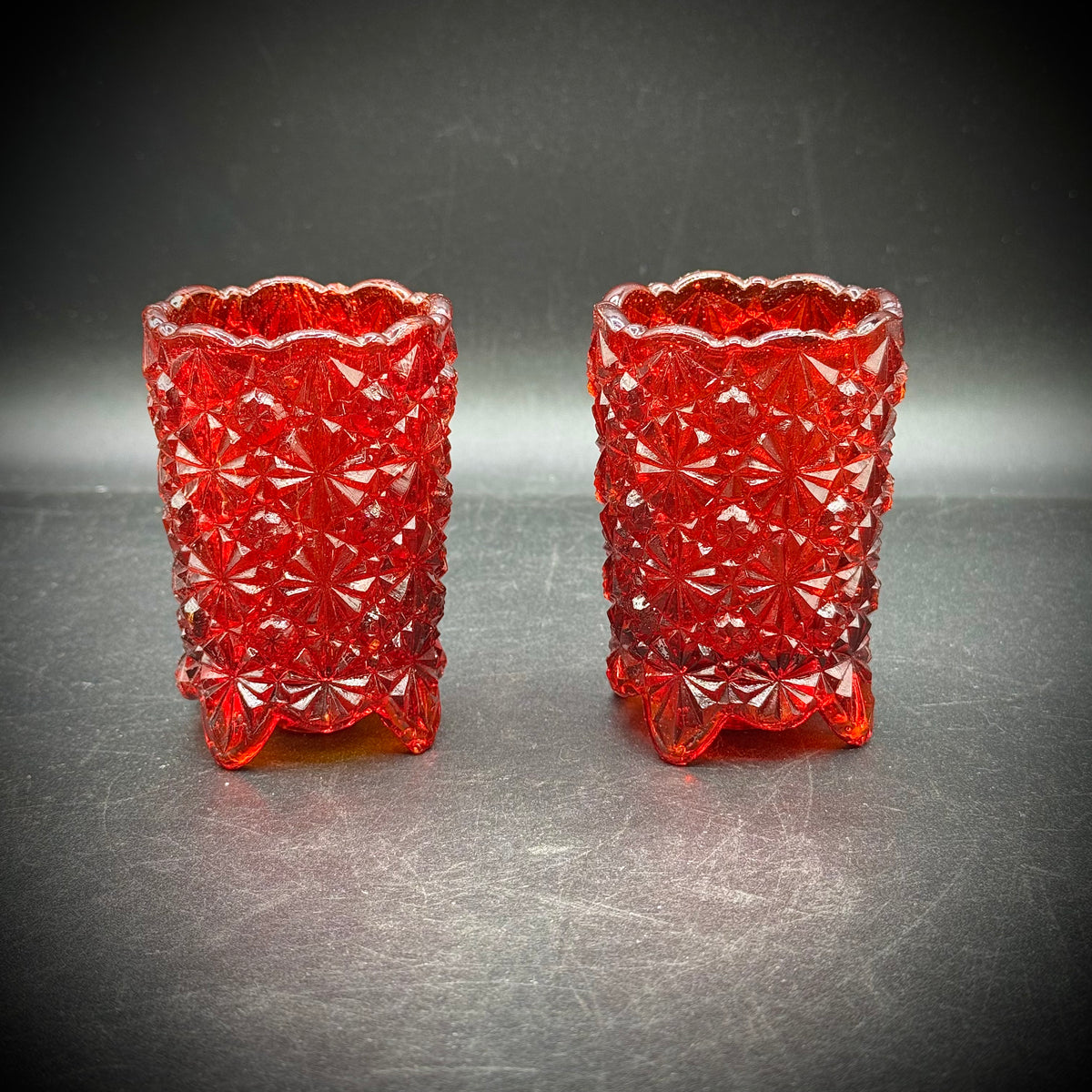 Pair of Vintage L.E. Smith Amberina Daisy & Button Toothpick Holders