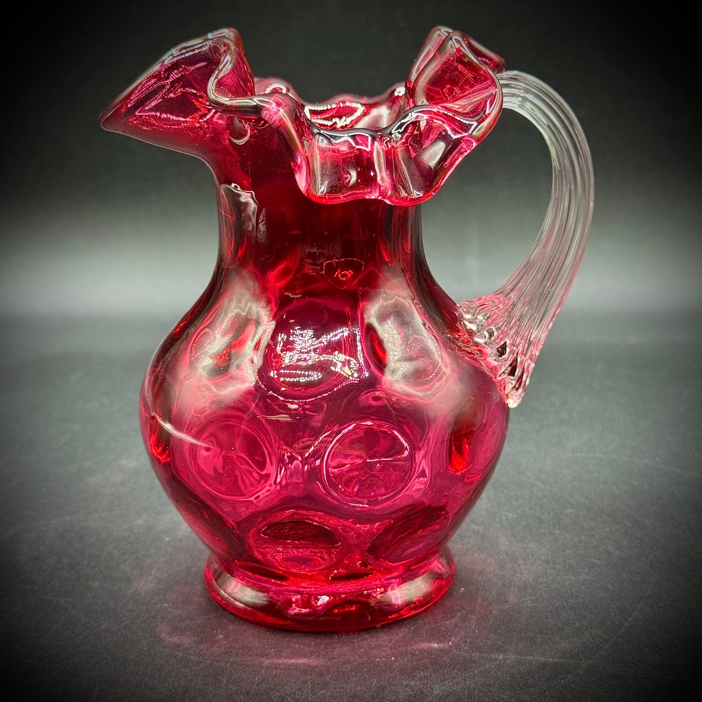 Vintage Fenton Cranberry Glass Coin Dot Pattern Ruffle Pitcher