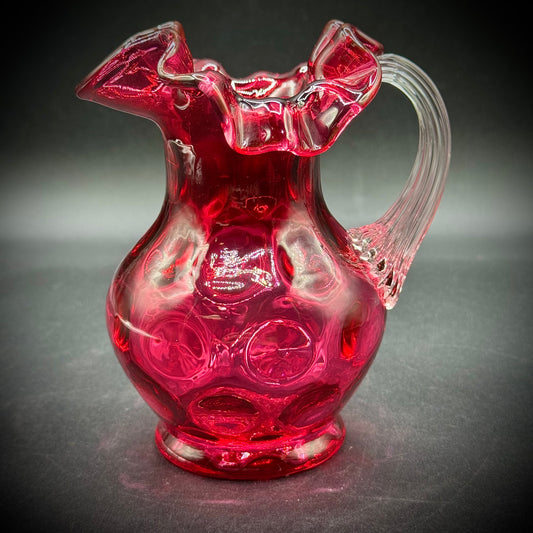 Vintage Fenton Cranberry Glass Coin Dot Pattern Ruffle Pitcher