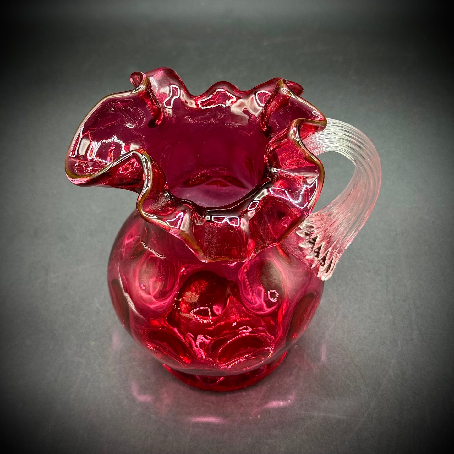 Vintage Fenton Cranberry Glass Coin Dot Pattern Ruffle Pitcher