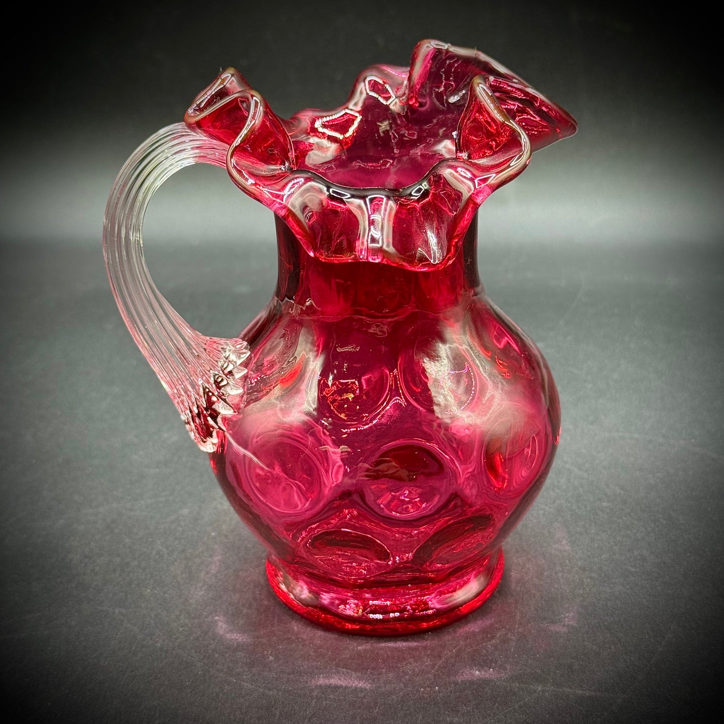 Vintage Fenton Cranberry Glass Coin Dot Pattern Ruffle Pitcher