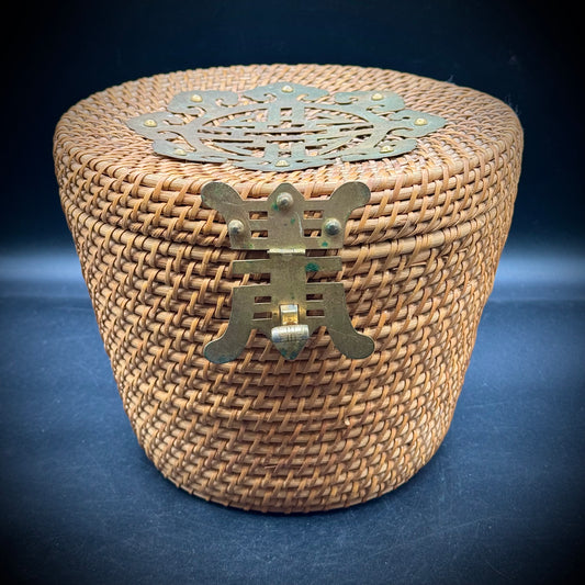 Vintage Chinese Tea Basket with Rattan and Brass Hardware
