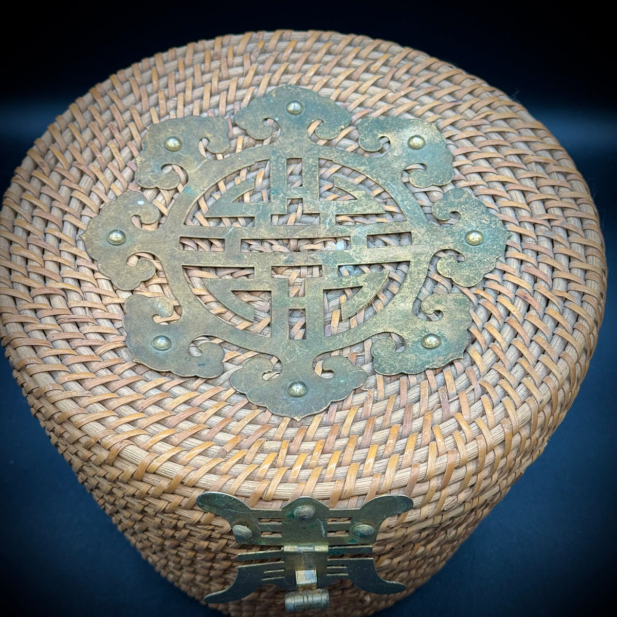 Vintage Chinese Tea Basket with Rattan and Brass Hardware