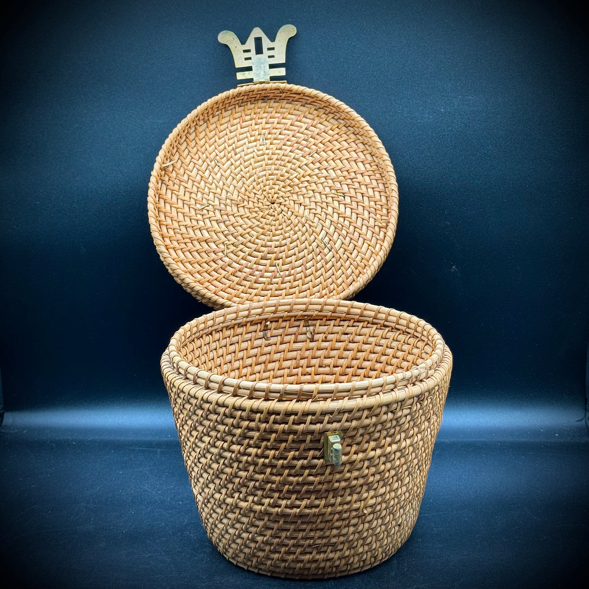 Vintage Chinese Tea Basket with Rattan and Brass Hardware