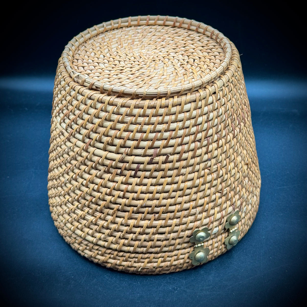 Vintage Chinese Tea Basket with Rattan and Brass Hardware