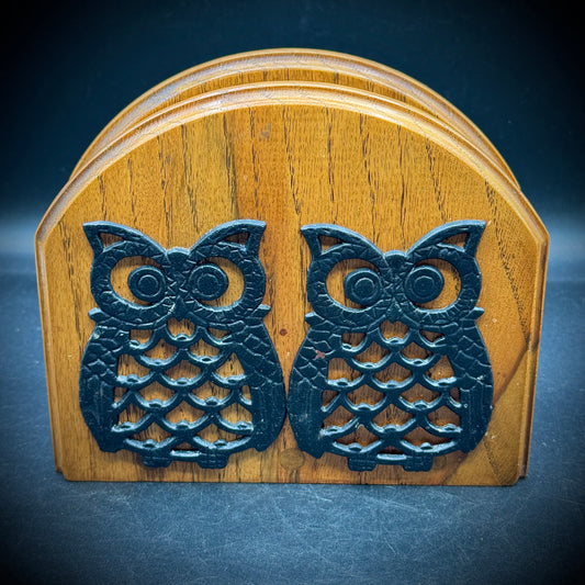 1970s Heavy Oak & Cast Iron Owl Motif Holder